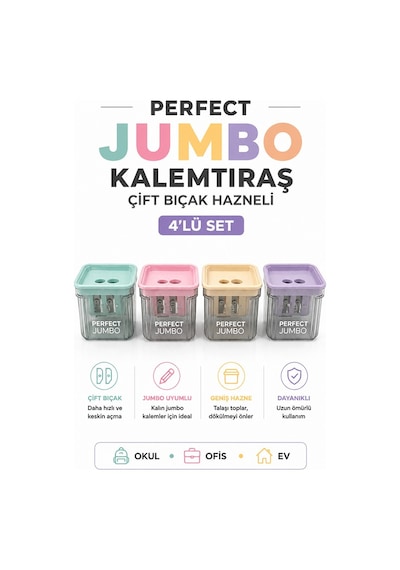 Kalemtraş 4 Adet Perfect Hazneli Çift Bıçaklı Jumbo Kalem Açacağı Plastik Kalemtıraş Kalem Traş Okul Sınıf