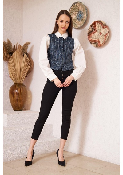 Darlin Moda Mavi Tüvit Garnili Uzun Kollu Gömlek Dm9001 Mavi