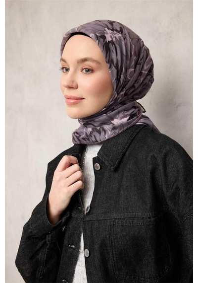 Silk Home Pamuk Polyester Soft Eşarp Soluk Mor Botanik Desenli Kaymaz Dokulu Tok Duruşlu 90x90 Çok Renkli