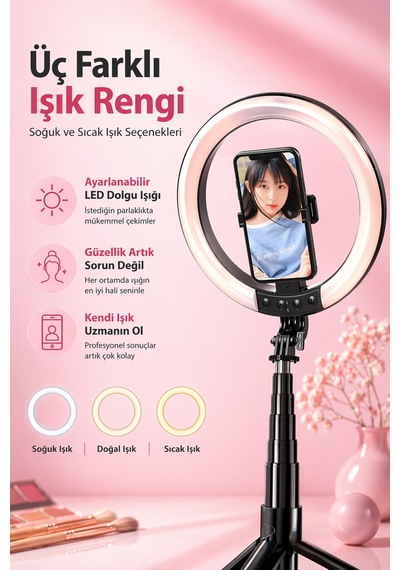 Exenar - Siyah - Rgb Halka Işık Uzun Tripod Selfie Çubuğu 1.9m-1200 Mah Şarjlı Kumandalı Ring Light Telefon Tutucu