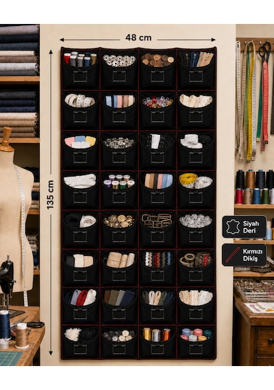 Tekstil Duvar Tipi Çok Amaçlı Organizer Avadanlık Çantası 32 Gözlü Siyah Deri Kırmızı Dikişli 135x48 Cm