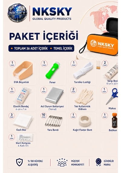 Nksky 36 Parça İlk Yardım Çantası, Turuncu Eva Çantalı İlk Yardım Seti, Bileğe Takılabilir Taşıma İpli Ecza Çantası