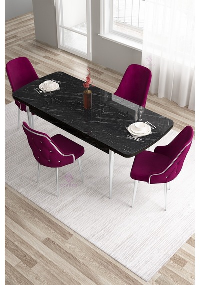 Canisa Tia Serisi, Siyah Mermer 80x132 Açılabilir Mdf Yemek Odası Takımı 4 Mürdüm Sandalye Gümüş Detay Masa Siyah Mermer Desen Sandalye Mürdüm Canisa Tia Serisi, Siyah Mermer 80x132 Açılabilir Mdf Yemek Odası Takımı 4 Mürdüm Sandalye Gümüş Detay Masa Siyah Mermer Desen Sandalye Mürdüm