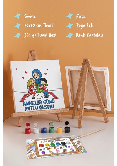 Anneler Günü Kutlu Olsun Yazılı Eğitici Boyama Tuvali Şövaleli Boya Seti 20x20 Cm