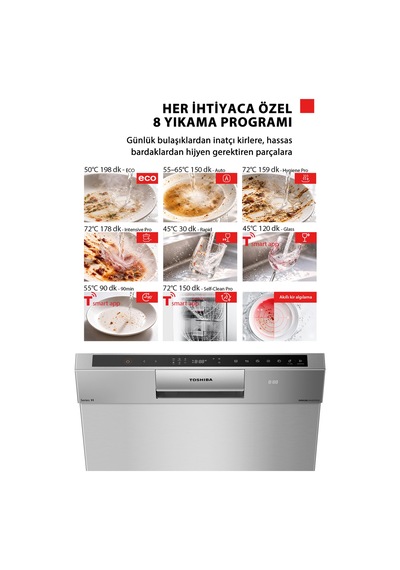 Toshiba DW-14F6ME SS TR Uv Hijyen Ve Breez Dry Kurutma 8 Programlı Bulaşık Makinesi Inox