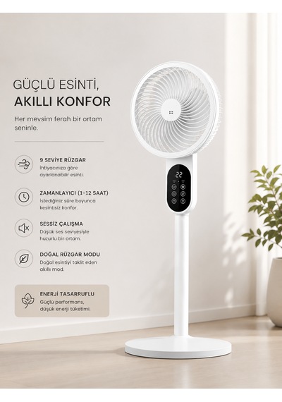 Modern Minimal Tasarım 360 Döner Başlıklı Hava Sirkülasyonlu Sessiz Ayaklı Vantilatör Kumandalı Uzaktan Kontrollü