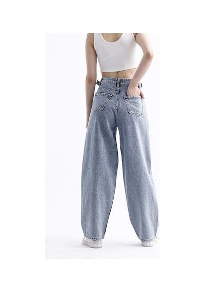 Pass&pass 2430 Kadın Yandan Tokalı Baggy Jeans Kot Denim Pantolon Kar Yıkama