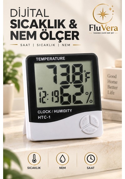 Dijital Termometre Nem Ölçer Saatli Higrometre Sıcaklık Ölçer Lcd Ekran