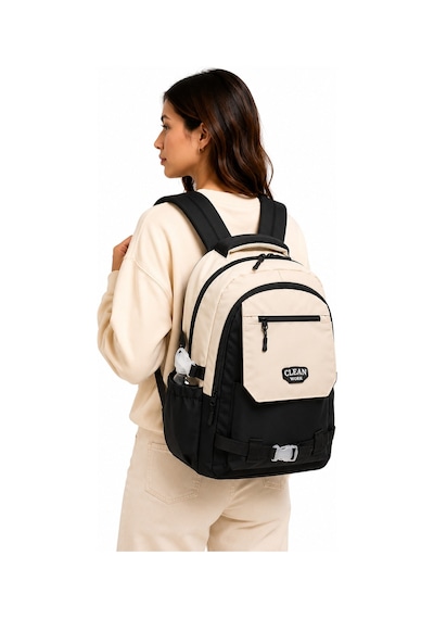 Çok Bölmeli Bej-siyah Okul Sırt Çantası Unisex Okul Çantası 26011