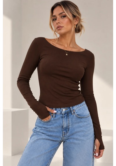 Bb Butik Basic Soft Touch Parmak Geçmeli Kayık Yaka Bluz Mdk35 kahverengi