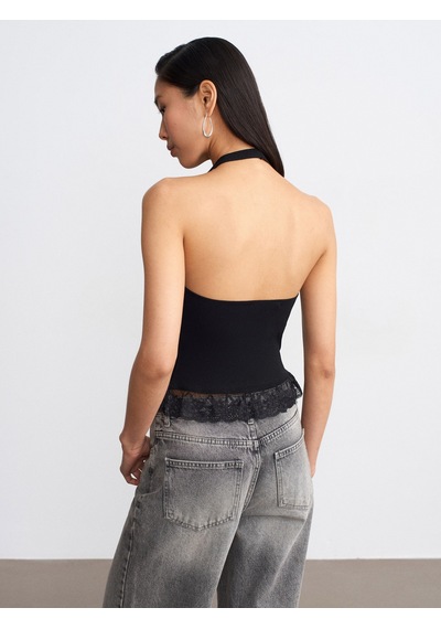 Dilvin 10868 Dantel Detaylı Halter Yaka Triko Bluz-siyah
