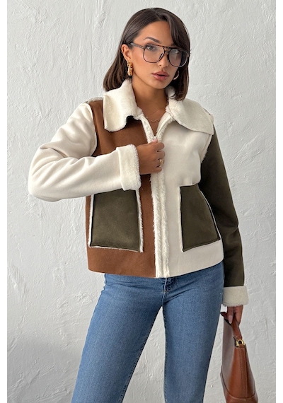 Verymoda Süet Tavşan Tüyü Lamine Mont F1988 Krem Haki Taba
