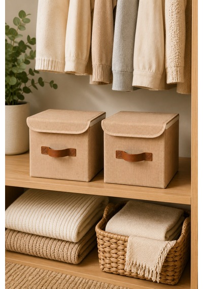 2li Kapaklı Jüt Organizer Kutu Seti 20x20x20 Cm Katlanabilir Düzenleme Kutusu Organizer Seti Dolap, Raf Ve Banyo Düzeni İçin Doğal