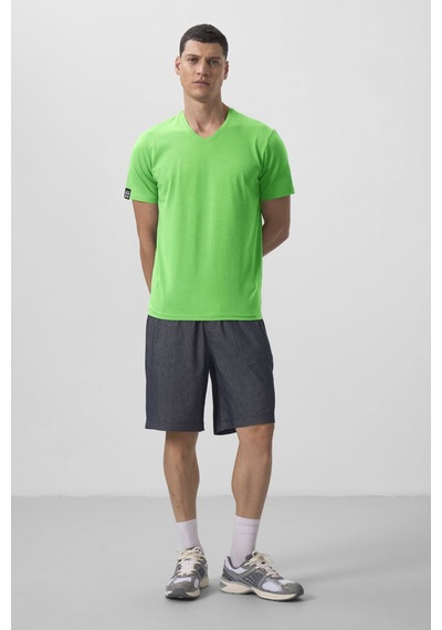 Tommylife Neon Yeşil Basic Kısa Kol Standart Kalıp V Yaka Erkek T-shirt - 87912 Neon Yeşil