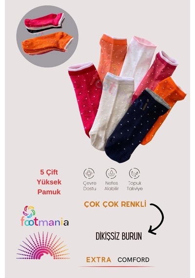 Footmania 5 Çift Sport Kadın Penye Puantiyeli Renkli Patik Çorap Seti Terletmez Çklu Renk