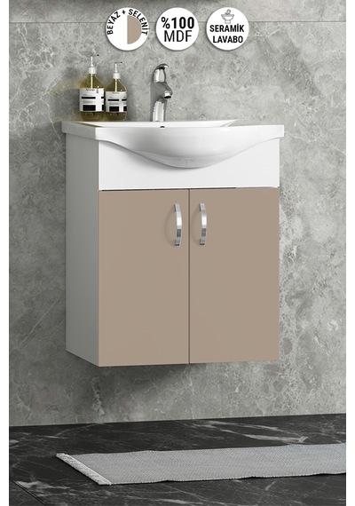 Yıldız 50 Cm Selenit Mdf Seramik Lavabolu Asma Alt Banyo Dolabı Beyaz-selenit
