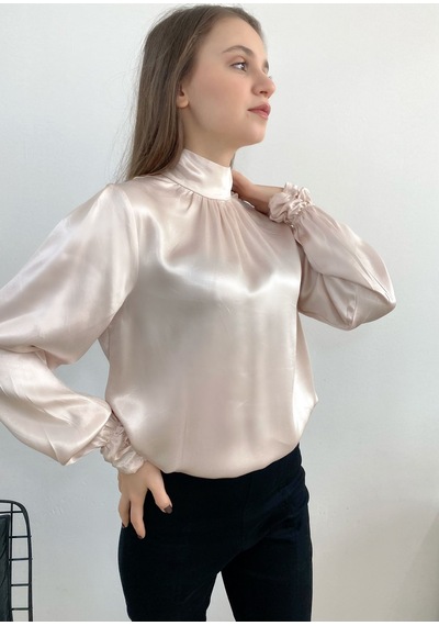 Mois Atelier Pudra Saten Bluz, Tasarım, Hediye, Büyük Beden, Tesettür Pudra