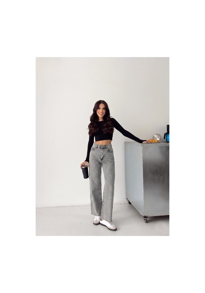 Kene Jeans Gri Kar Paça Kesik Ön Arka Taşlı Bol Paça Kot/denim Pantolon Gri Kar