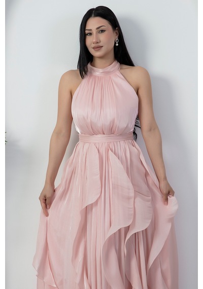 Kalopya Halter Yaka Eteği Fırfırlı Saten Elbise Eli6073 Pembe