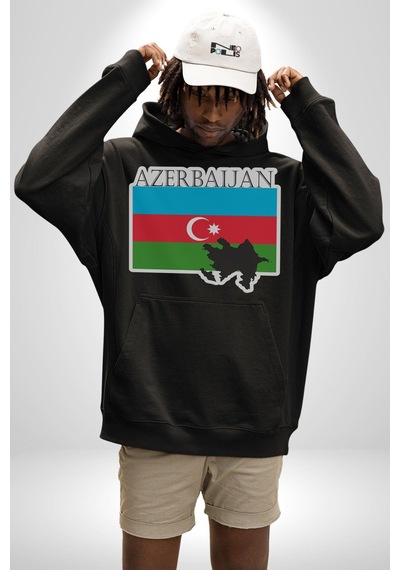 Azerbeycan Bayrak Ülke Kadın Erkek Siyah Kapüşonlu Sweatshirt Hoodie Siyah