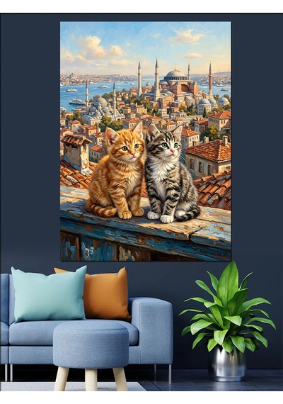 Çatıda İstanbul Manzaralı İki Kedi Dekoratif Kanvas - Mdf Ahşap Tablo Çok Renkli