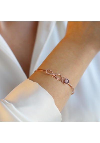 Sonsuzluk Nazar Boncuklu Annem Yazılı Rose Gold Kaplama Gümüş Kelepçe Gümüş