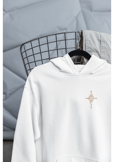 Macklin Unisex Kadın Erkek Japon Yazı Ve Maske Ön Arka Baskılı Özel Tasarım Baskılı Kapşonlu Sweatshirt Beyaz Mck1545 Beyaz