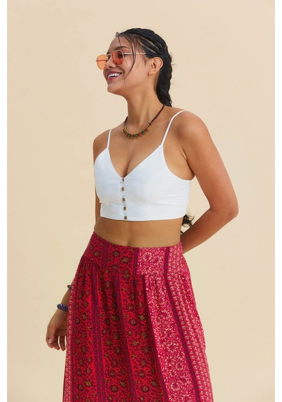 İnce Askılı Düğme Detaylı Crop Bluz Beyaz