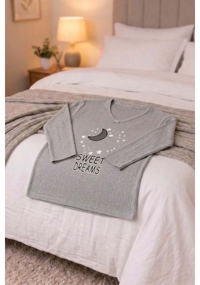 Büyük Beden Kadın Baskılı Kaşkorse Pijama Takımı Açık Gri