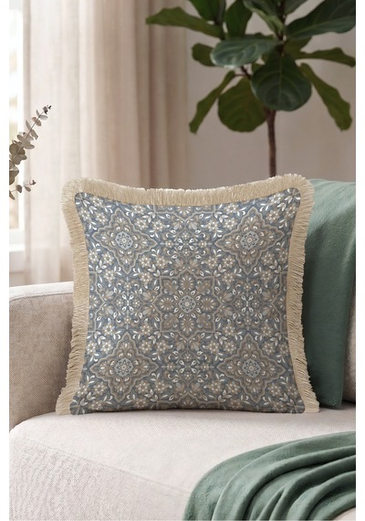 Çini Desen Otantik Arabesk Saçaklı Yastık Kılıfı - Boho Mavi Vizon Krem Püsküllü Kırlent Kılıfı Puslu Kanyon Lime
