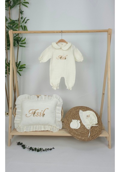 Gros Shop Müslin Yeni Doğan 4katlı Organik %100pamuk Kişiye Özgü Nakışlı Hastane Çıkış Seti Papatya Model-3 Ekru-3