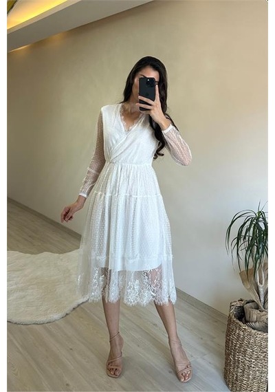 Neşeli Butik Kadın Kruvaze Yaka Dantelli Tül Elbise Nm010 Beyaz