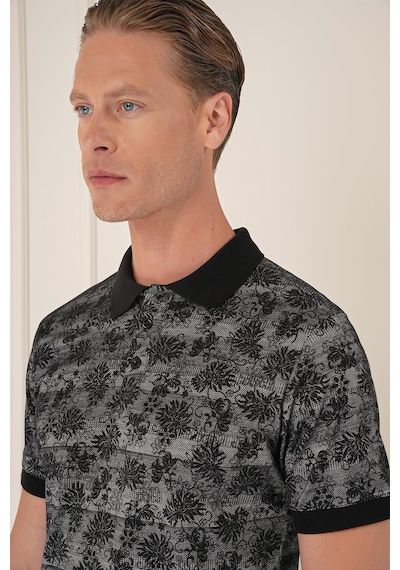Efor Slim Fit Dal Yaprak Desen Polo Yaka Pamuklu Siyah Tişört Ts 884 Siyah