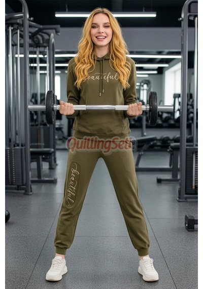 Lady Uzun Kol 22066 Kapüşonlu Ve Kanguru Cepli Haki Renk Kadın Spor Eşofman Takımı