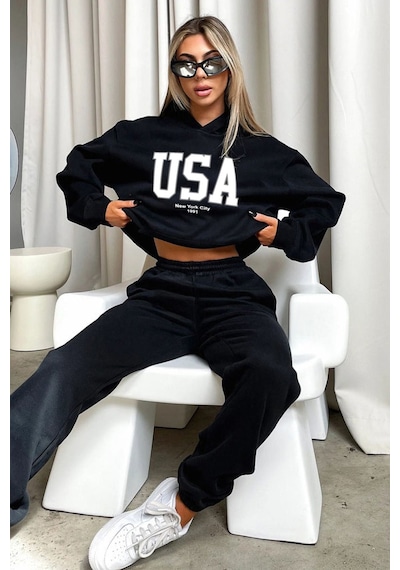 Usa Eşofman Takımı Sweatshirt Jogger - Siyah Baskılı Oversize Şardonlu Kapüşonlu Siyah