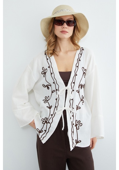 Fullamoda Nakışlı Önü Bağcıklı Keten Görünümlü Kimono Ekru