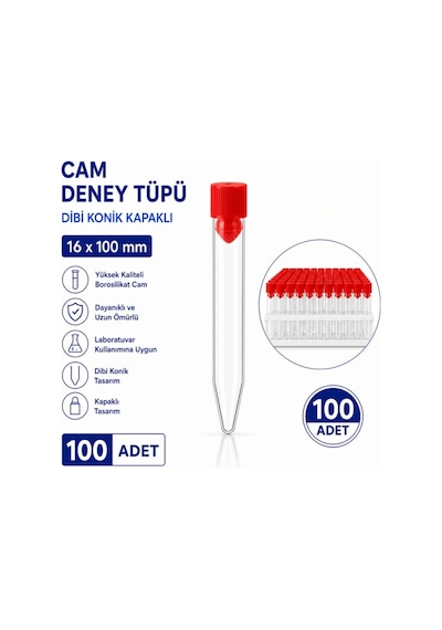 16x100 Mm Cam Deney Tüpü Dibi Konik Kapaklı 100 Adet Laboratuvar Test Tüpü