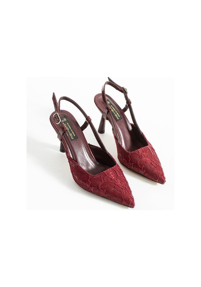 Lebibe Shoes Lısa Kadın Bordo Sivri Burun 7 Cm Topuklu Çiçek Dantel Desenli Rugan Slingback Ayakkabı