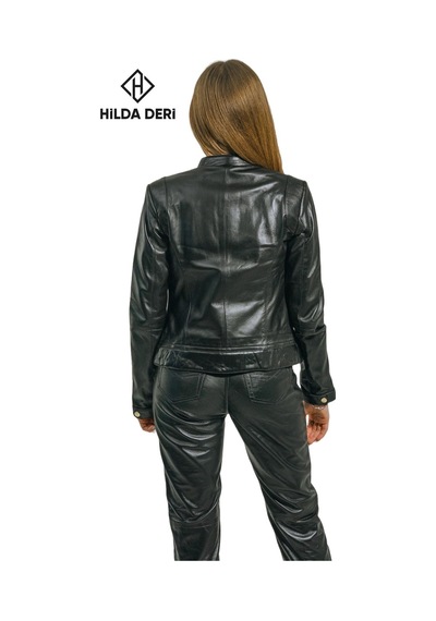 Hilda Deri Viky Siyah Hakiki Deri Altın Renk Aksesuarlı Kadın Ceketi 001