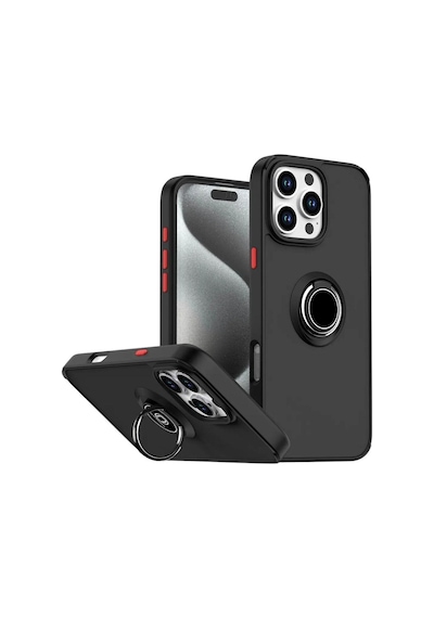 Apple iPhone 16 Pro Uyumlu Kılıf Yüzüklü Standlı Extra Darbe Koruma Sert Silikon Kapak - Siyah