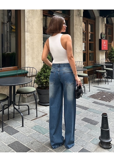 Shevega Kadın Mavi Işlemli Çift Köprülü Bol Paça Kot Pantolon Mavi