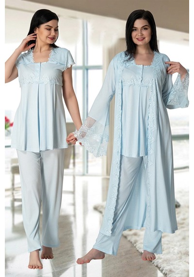 Effortt Kadın Mavi Uzun Prenses Sabahlıklı Lohusa Pijama Takımı 5011 Mavi
