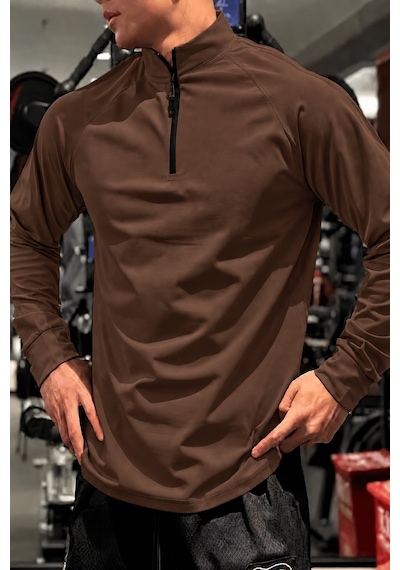 Genius Store Erkek Yarım Fermuarlı Compression Uzun Kol Spor Tişört Ve Fitness Tişörtü Dalgıç-uzun Kahverengi