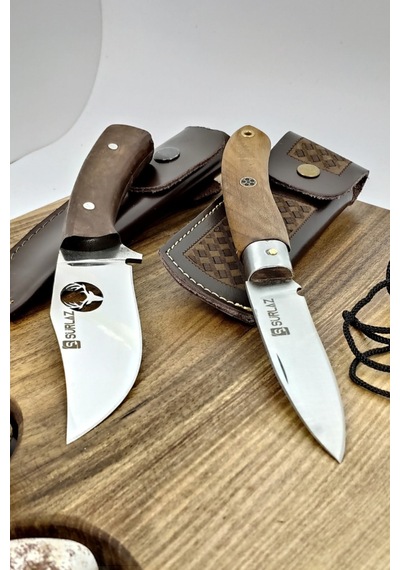 2'li Outdoor Deer Çakı Bıçak Kamp Bıçağı Deri Kılıflı Kahverengi