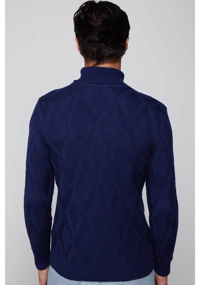 Tudors Slim Fit Dar Kesim Tam Balıkçı Yaka Desenli Sax Mavi Erkek Triko Triko Kazak-29719-sax Mavi Saks