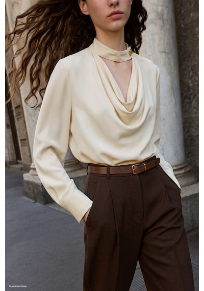 Sateen Degaje Yaka Bluz - Bej-137832