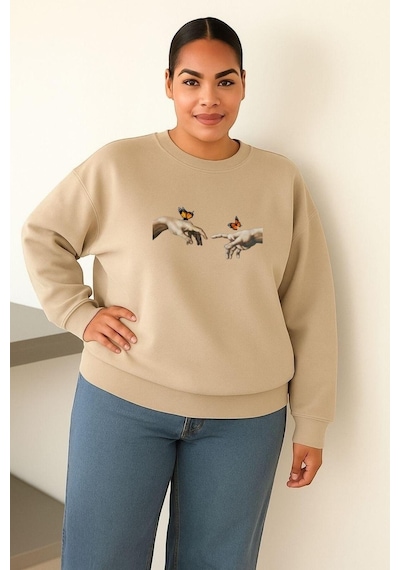 Benroma 3 İplik Penye El Parmak Baskılı Büyük Beden Unisex Sweatshırt Bej