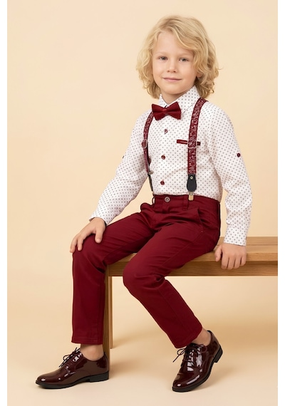 Modanino Erkek Çocuk 4'lü Takım Set Pantolon+gömlek+askılı Kemer+papyon 12660 Kırmızı