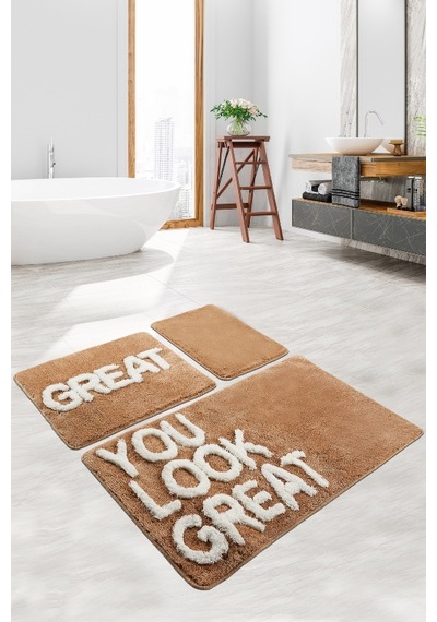 Great Bej 3 Lu Set Yıkanabilir Banyo Halısı Kahverengi