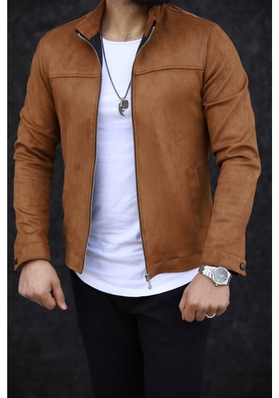 Premium Örme Triko Kol Dik Yaka Süet Ceket Taba